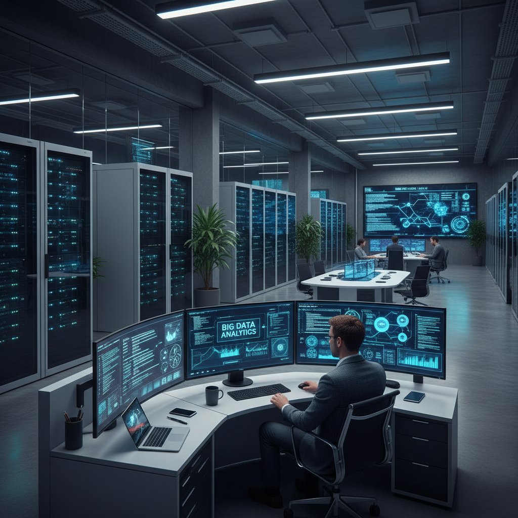 Serwerownia z analitykiem, który analizuje big data, światła i ekrany LCD, nowoczesne środowisko pracy