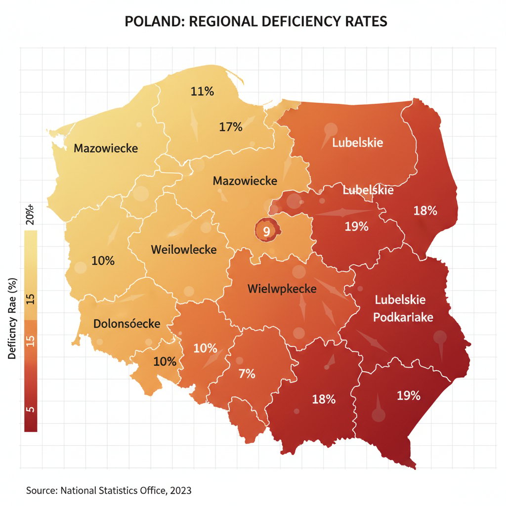 Mapa Polski pokazująca regionalne różnice w niedoborze magnezu – na zdjęciu widoczni ludzie z różnych części kraju
