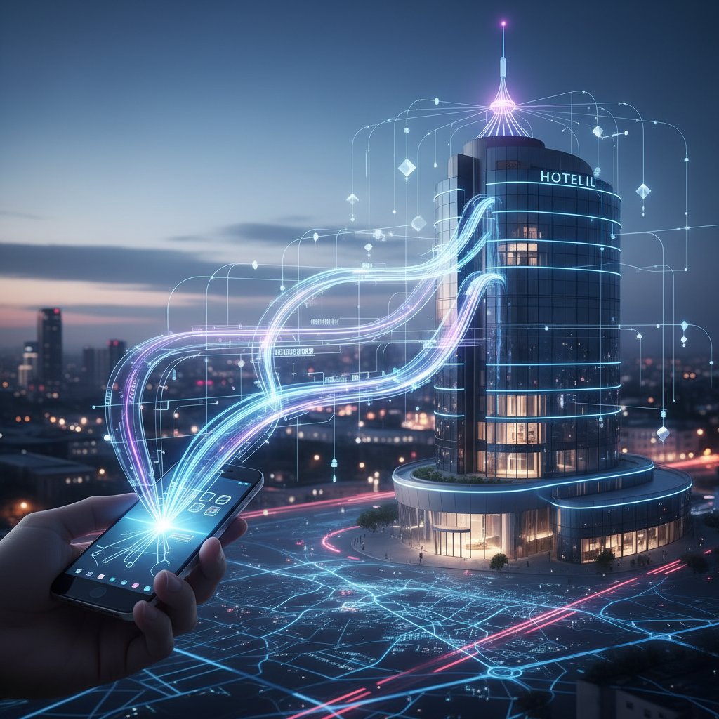 Abstract photo of data flows from a smartphone to a hotel front desk, emphasizing how personal data powers the online hotel booking ecosystem