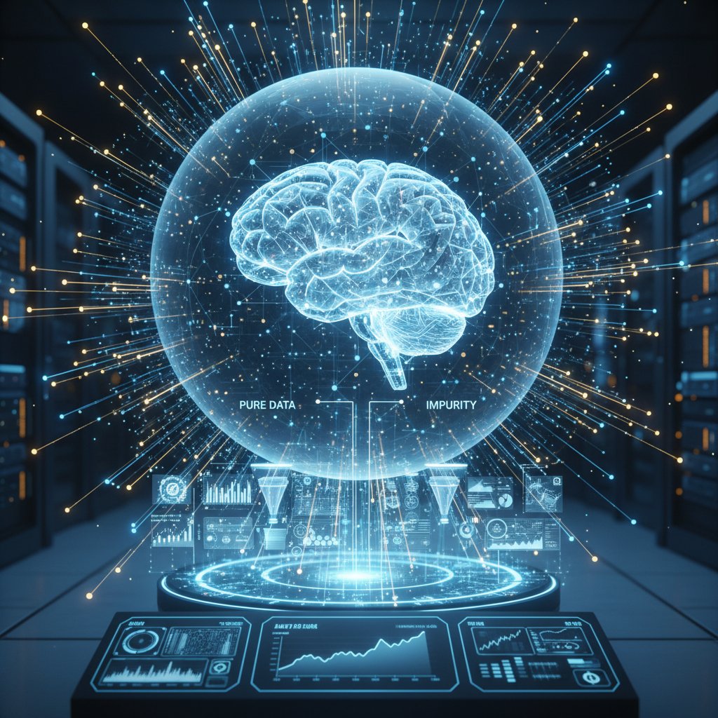 Crystal-clear data stream turning murky as it enters an AI brain, symbolizing data purity impacting AI-driven market insights accuracy