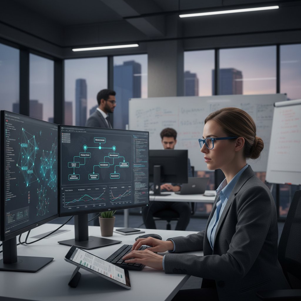 Data scientist at computer, analyzing algorithmic car buying decision tool dashboard, screens filled with vehicle data