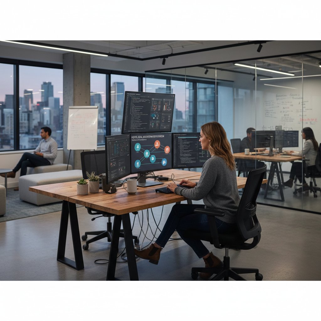 Data scientist working on hotel deal AI algorithm in a modern workspace