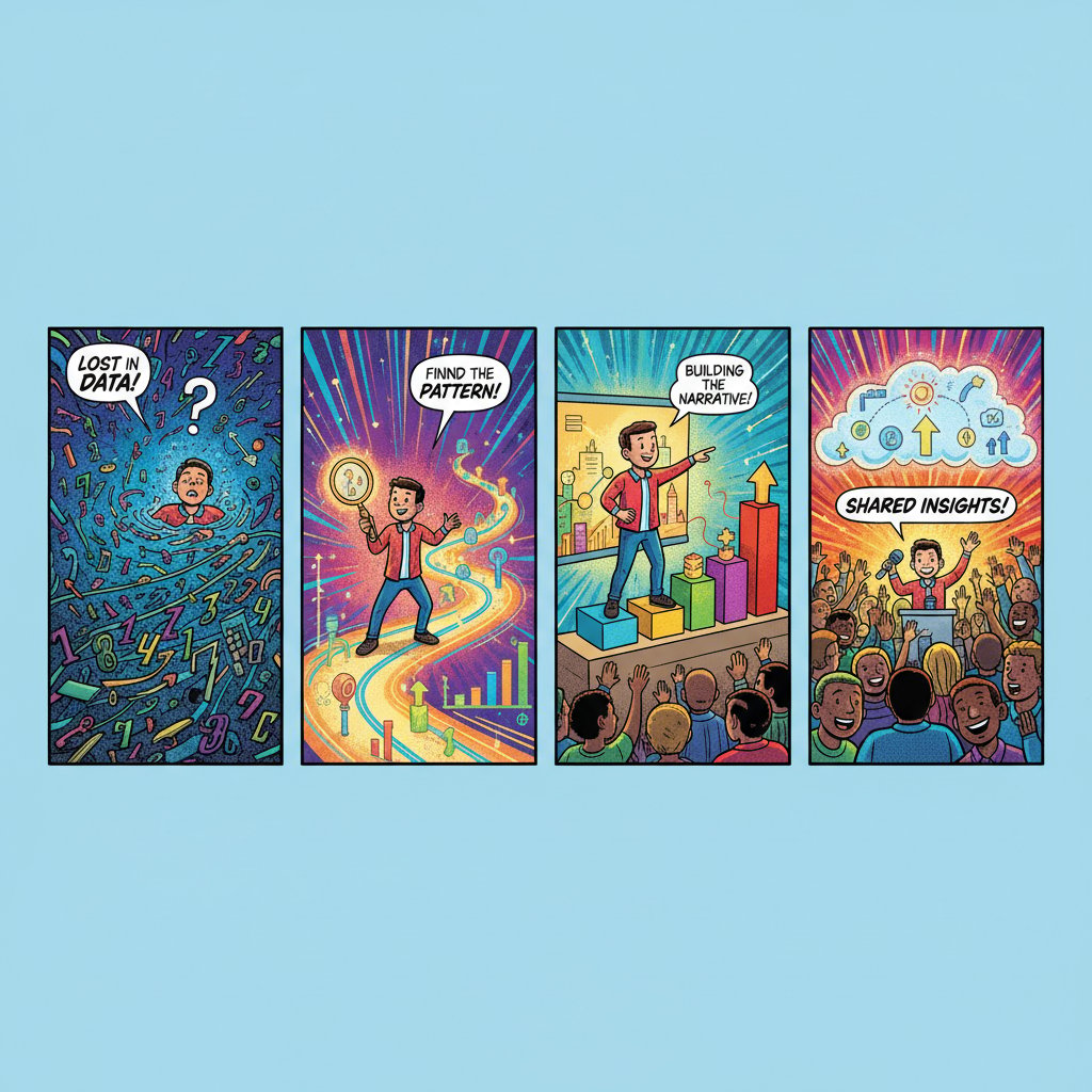 Data visualized as a comic or story sequence, vibrant color, data storytelling in report building