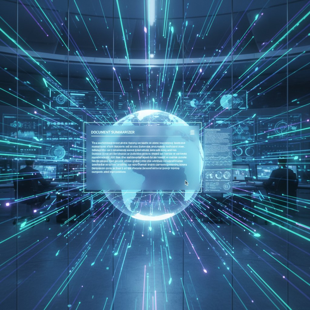 Futuristic photo of data streams converging into a single point of clarity, illustrating real-time document summarizer for critical insights