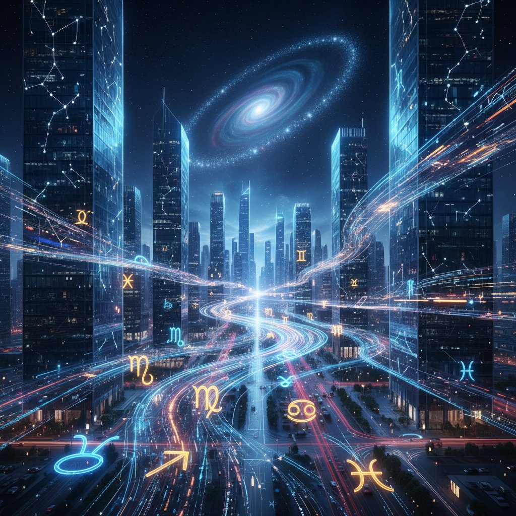 Strumienie danych przeplatające się z symbolami zodiaku nad wieżowcami, symbolizujące wpływ big data na astrologię
