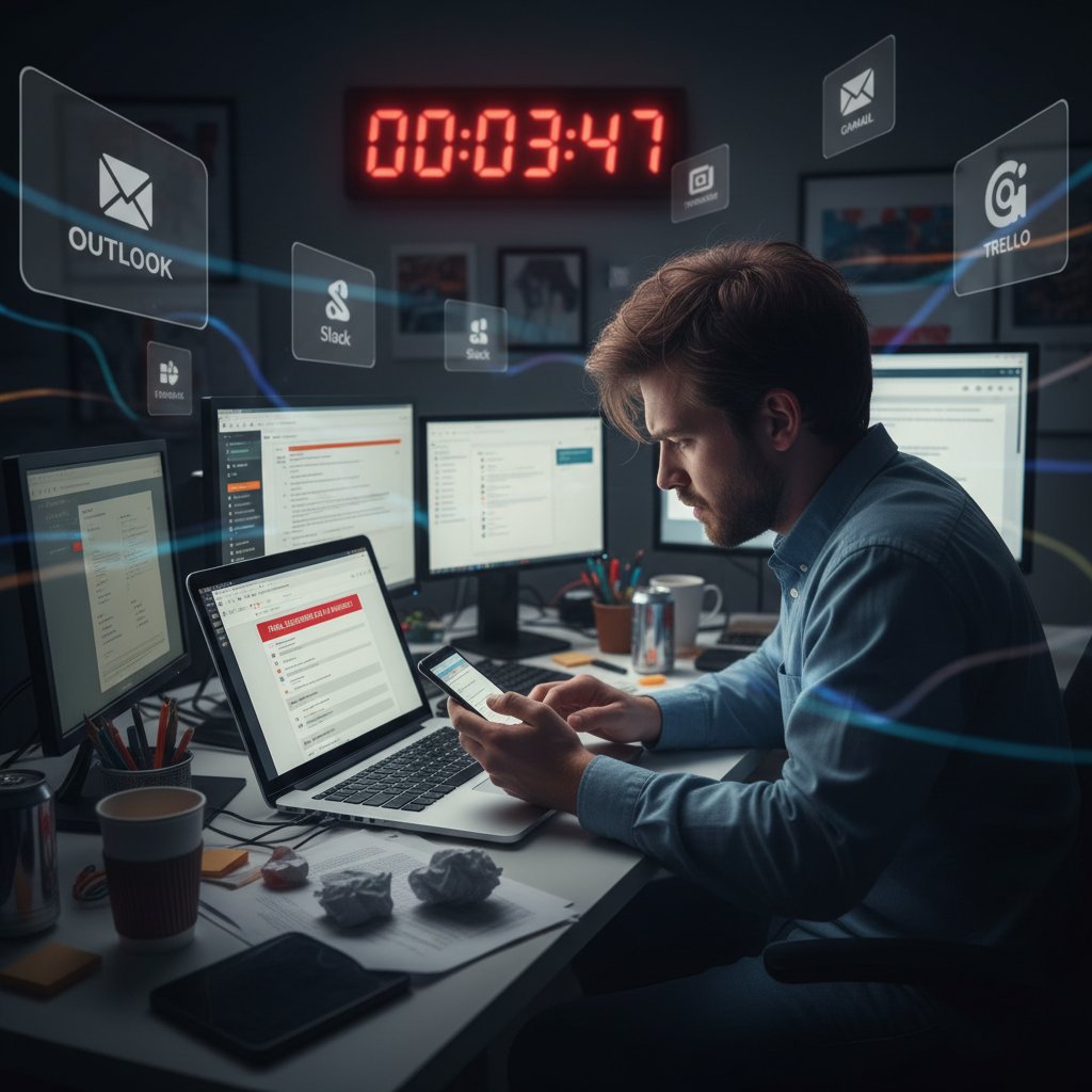 Deadline pressure during email tool trial, showing torn calendar over laptop