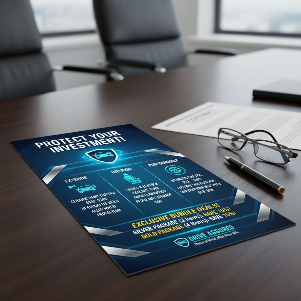 Dealer persuading customer with aggressive sales tactics, paperwork and add-on flyers between buyer and seller