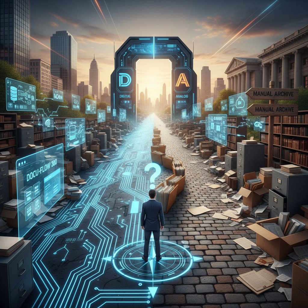 Decision crossroads with digital and analog paths, symbolizing choices in document management software comparison