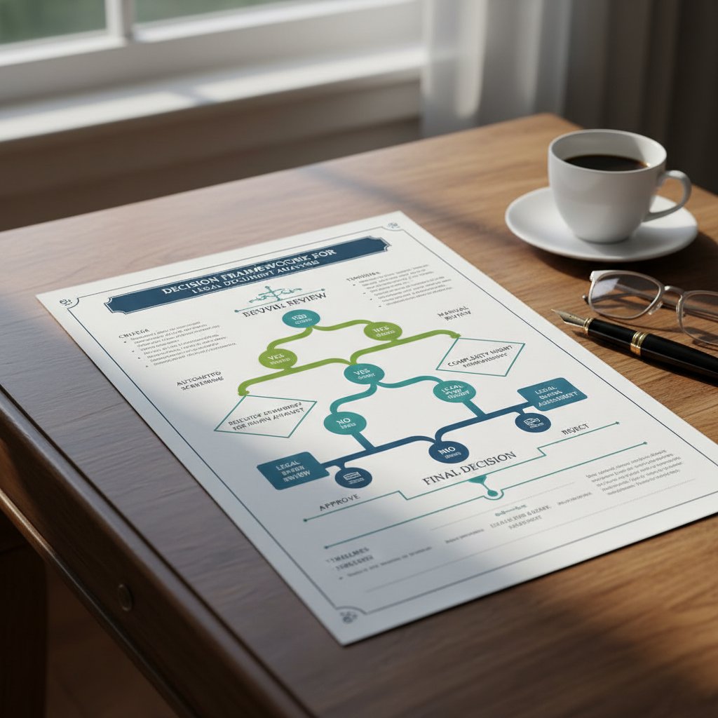 Decision framework for choosing document review method, decision tree graphic, document summarization vs manual review.