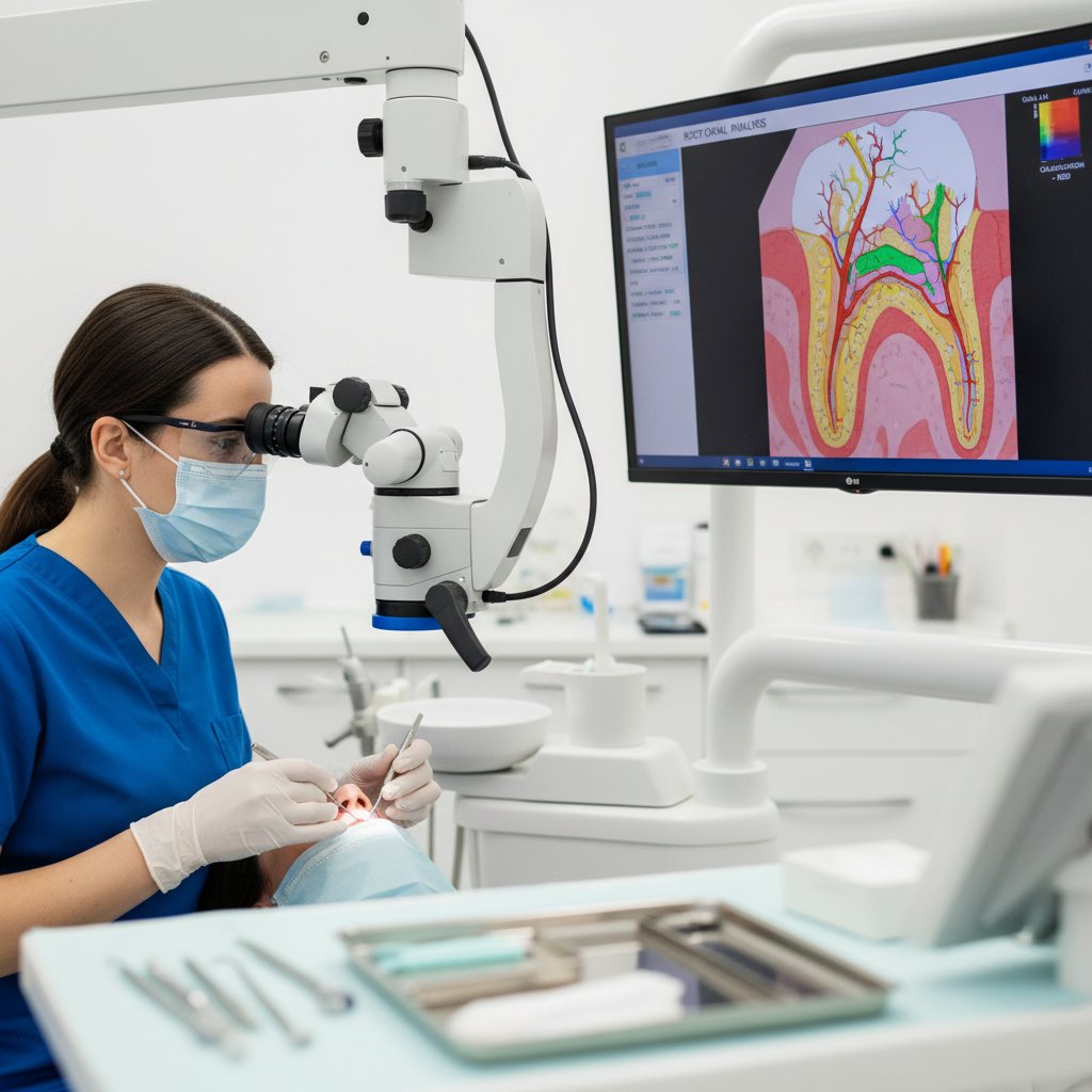 Nowoczesny mikroskop w gabinecie endodontycznym, lekarz analizuje ząb na monitorze