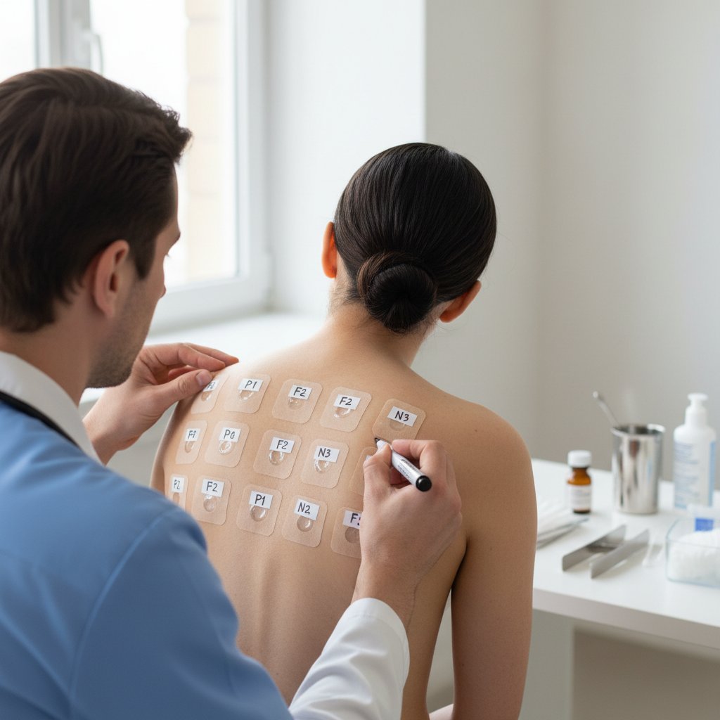 Dermatolog nakłada plastry testowe na plecy pacjenta, widoczne szczegóły procedury