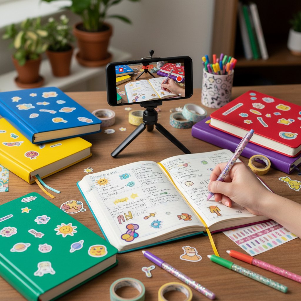 Overhead photo of a desk with colorful journals, stickers, and a phone recording a time-lapse, illustrating the social media trend of daily journal prompts