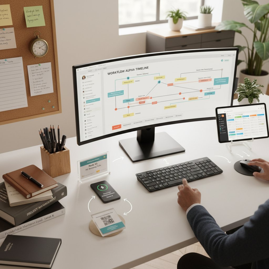Hybrid workstation with analog and digital workflow tools, representing workflow hacks for workplace coordinators