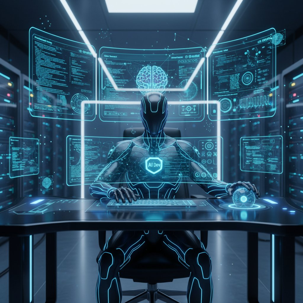 Rechnerarbeitsplatz mit KI-Entwicklung, 3D-Avatar auf Bildschirm