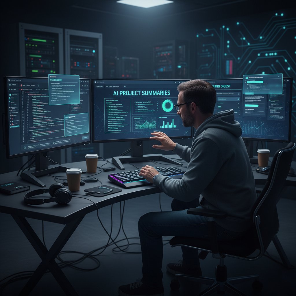 Developer reviewing AI-generated summaries on multiple screens, highlighting potential errors and omissions