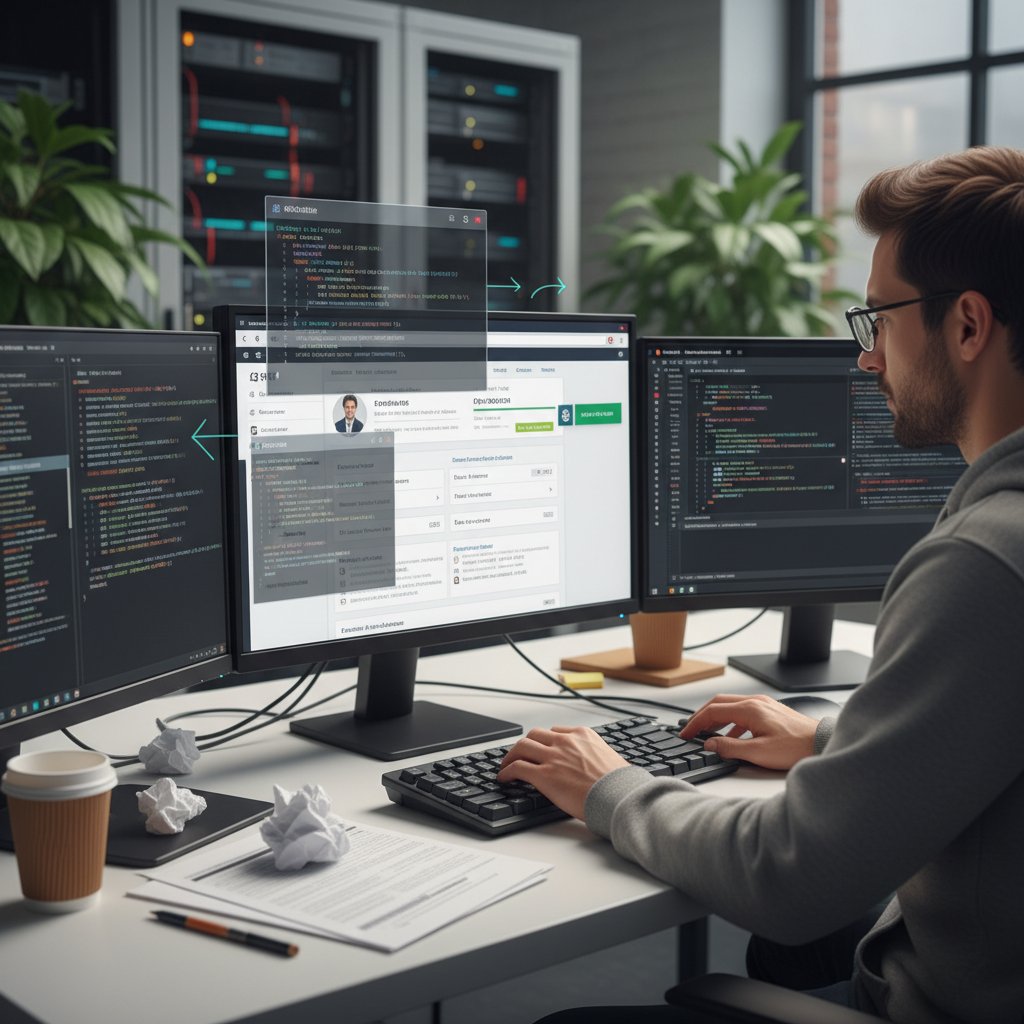 Programista analizujący kod integracji CRM na ekranie, wyraźne skupienie i napięcie