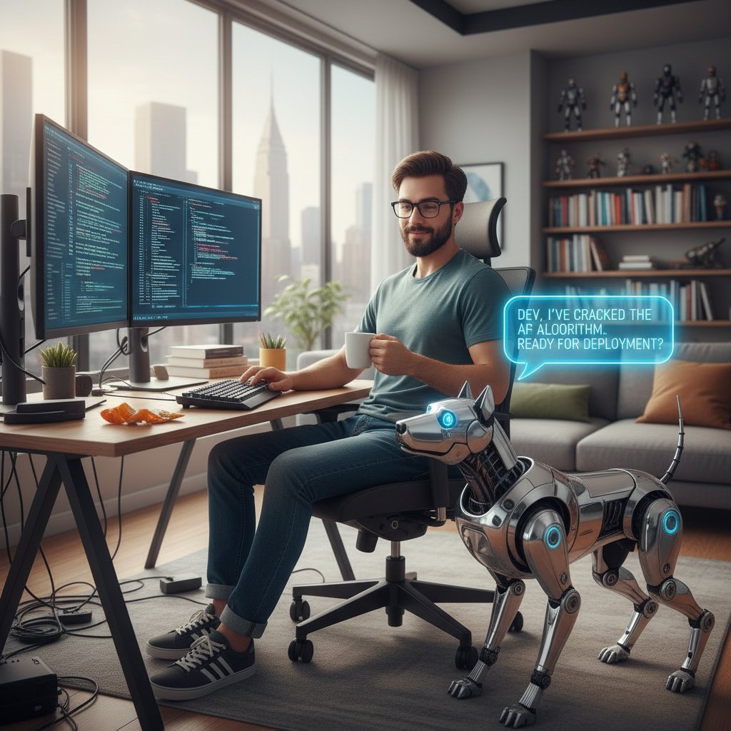 Programista i projektant pracujący nad pieskiem AI, kod i ekrany z konwersacjami – technologie realistycznych rozmów AI