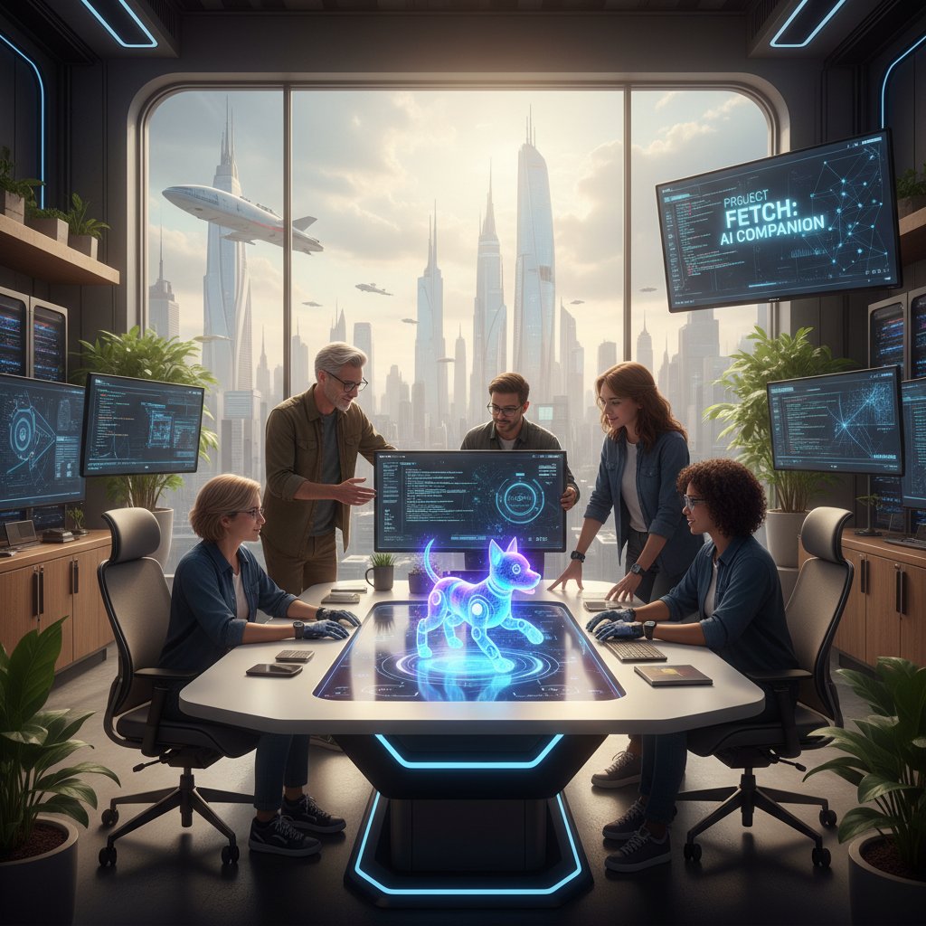 Team von Entwickler:innen arbeitet an der KI eines virtuellen Hundes, moderner Tech-Workspace mit vielen Monitoren