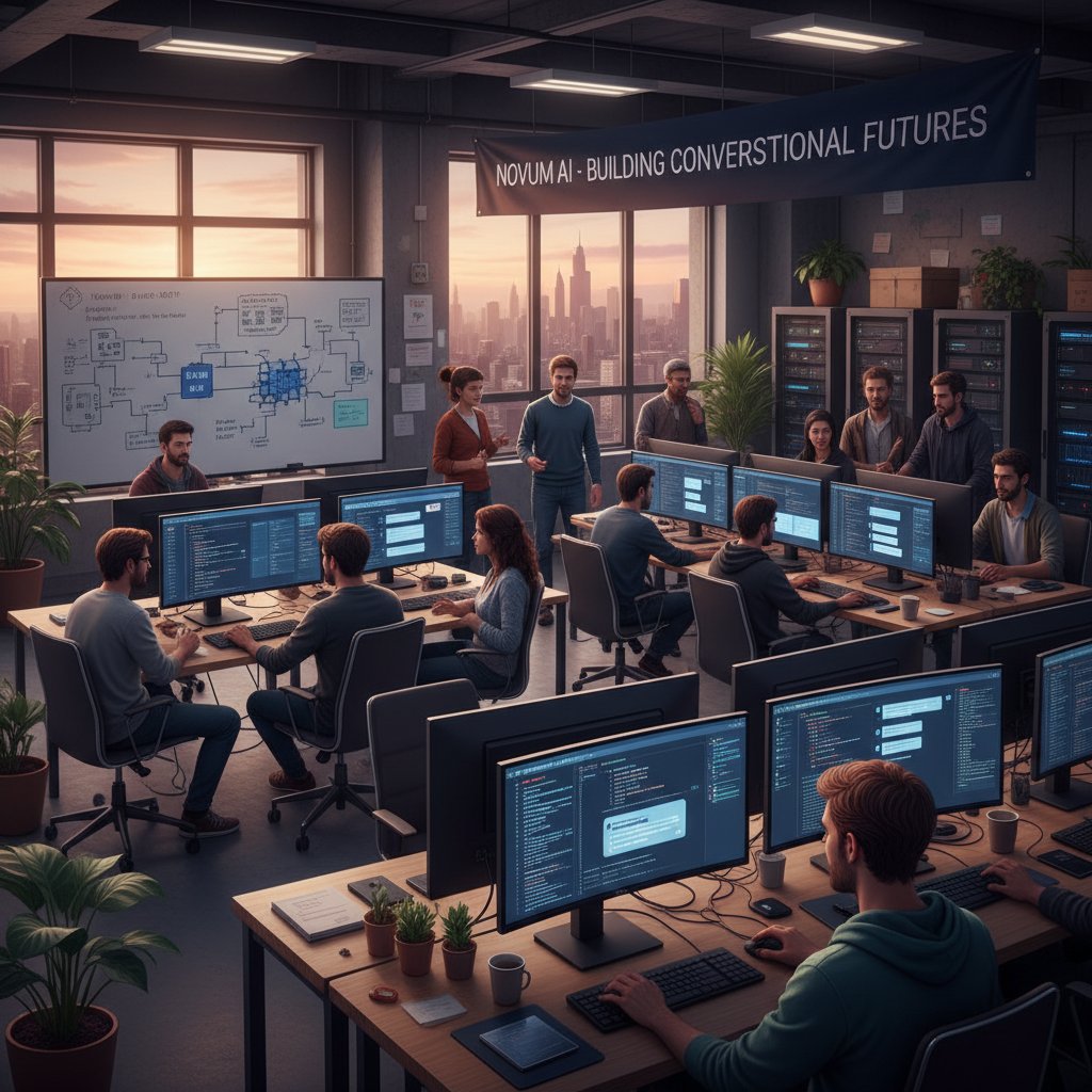 Developers collaborating on AI chatbot code with screens displaying NLP and LLM workflows, dynamic tech workspace
