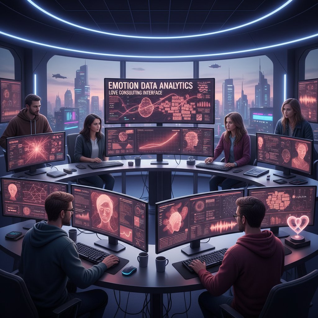 Symbolbild: Entwicklerteam arbeitet an KI-Modell zur Liebesberatung, Monitore mit emotionalen Chatdaten
