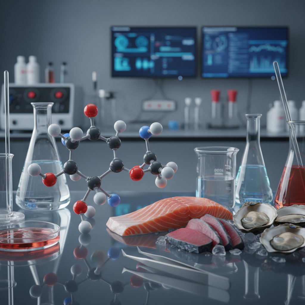 Zbliżenie na molekułę DHA i surowy filet ryby na ciemnym tle laboratoryjnym – symbol nauki i natury