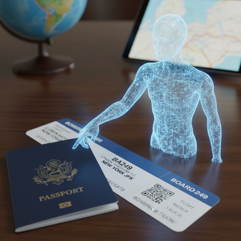 Digital AI assistant with travel documents, cinematic image of a digital assistant interface floating above passport and boarding pass