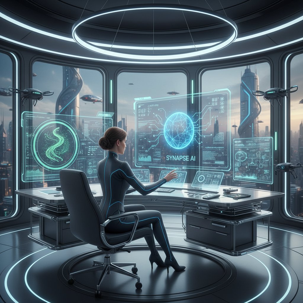 Digital coordinator in a futuristic workspace, alt text: future digital coordinator at work