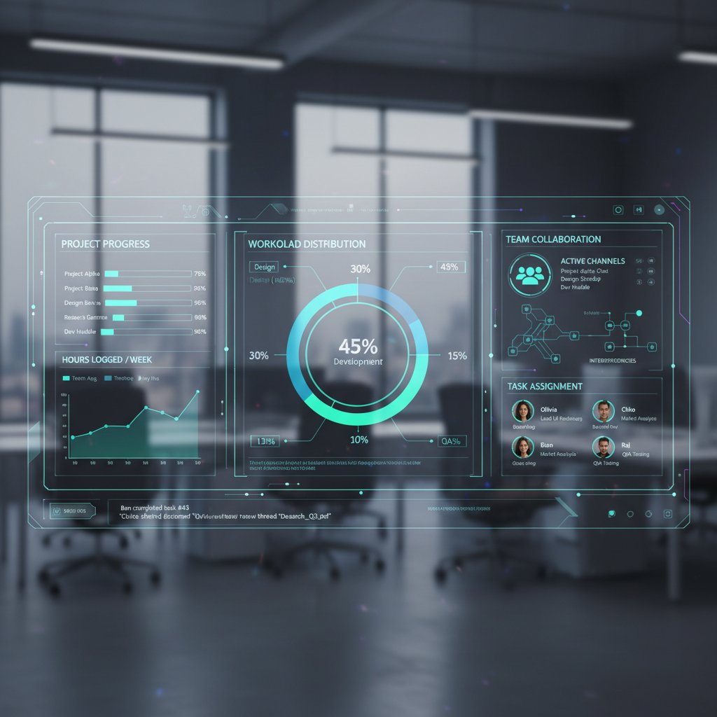 Hands collaborating over a digital dashboard displaying workload analytics and team performance metrics