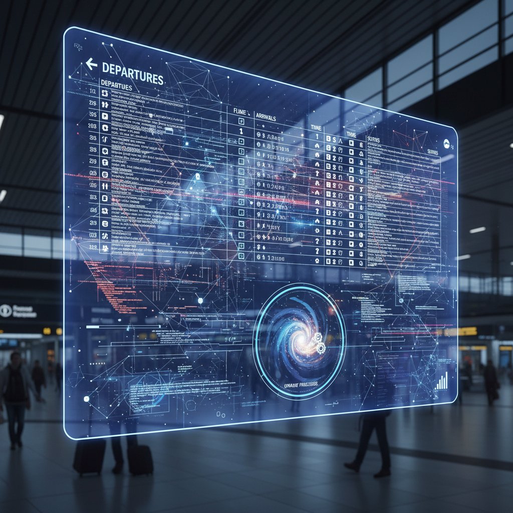 Digital data overlays on airport board symbolize opaque flight search processes