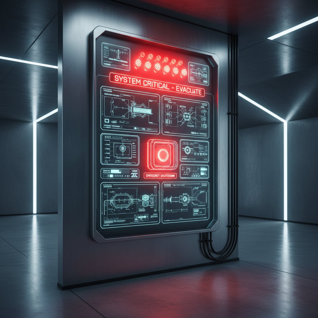 Digital emergency system panel with warning lights in modern urban building, representing high-tech emergency systems