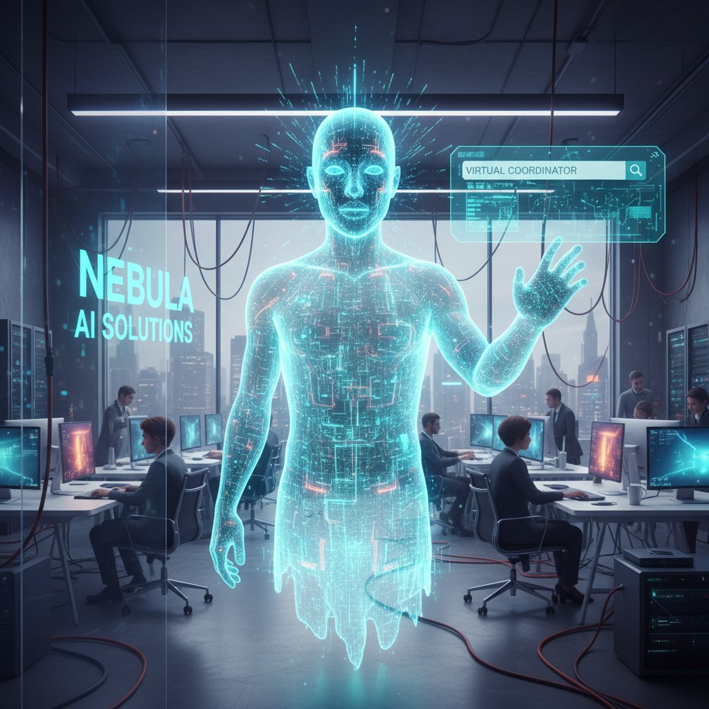 Symbolic digital ghost representing AI coworker in workplace, looking for virtual coordinator presence
