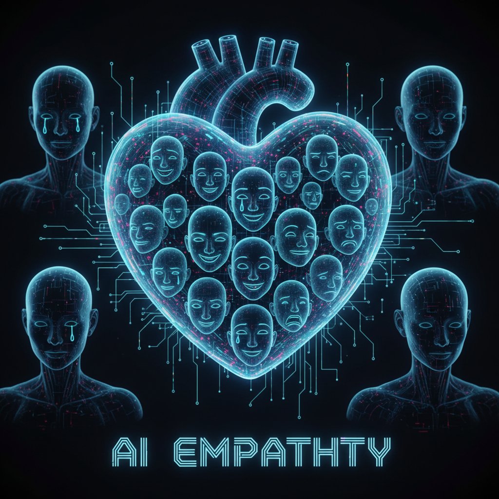 Digital heart rendered in code, surrounded by emotive faces signifying AI empathy in relationships