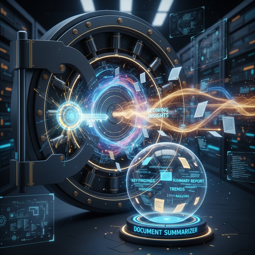 Powerful photo of a digital key unlocking a vault filled with glowing insights, symbolizing the transformation enabled by document summarizer for critical insights
