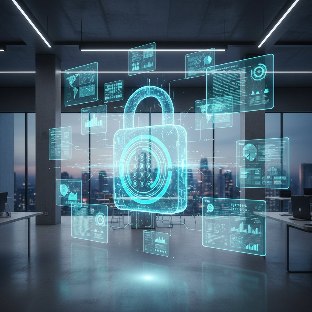 Data privacy concerns in AI document summarization: digital lock over floating documents, modern, cool blue tones