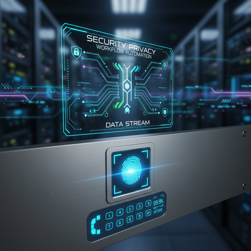 Security and privacy concerns with workflow automation software, close-up of a digital lock on a data stream