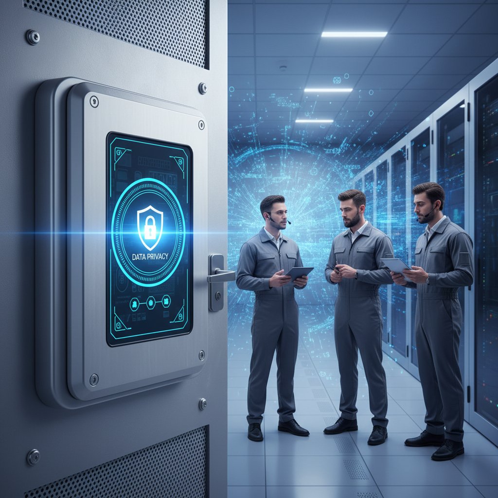 Digital lock overlaying support agents at work, 16:9, data privacy AI-powered help desk