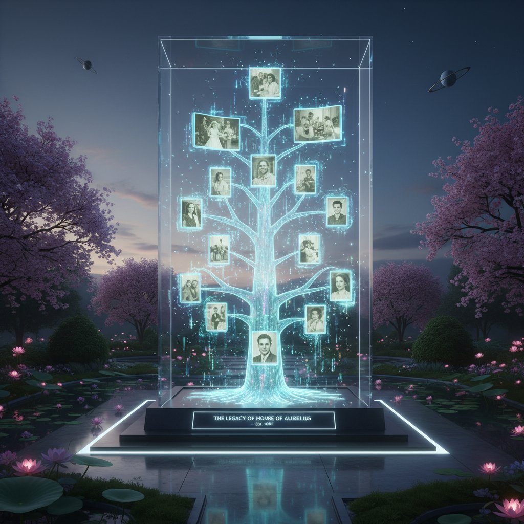 A diverse crowd gathers at dusk before a glowing digital screen, holographic images of loved ones swirling in the air—a fusion of past, present, and future remembrance