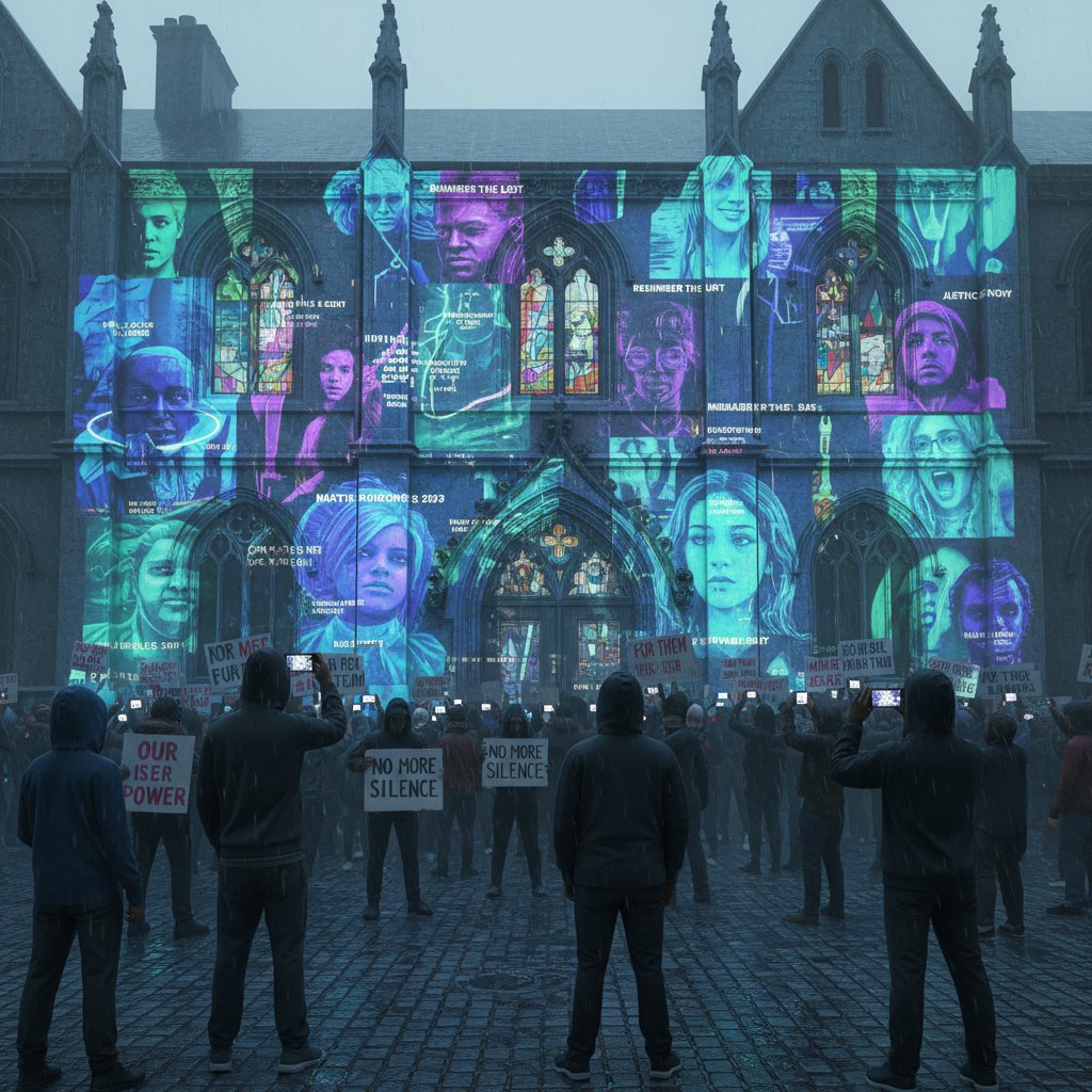 An artist projecting digital portraits of lost community members onto a city building at night, with onlookers gathered below