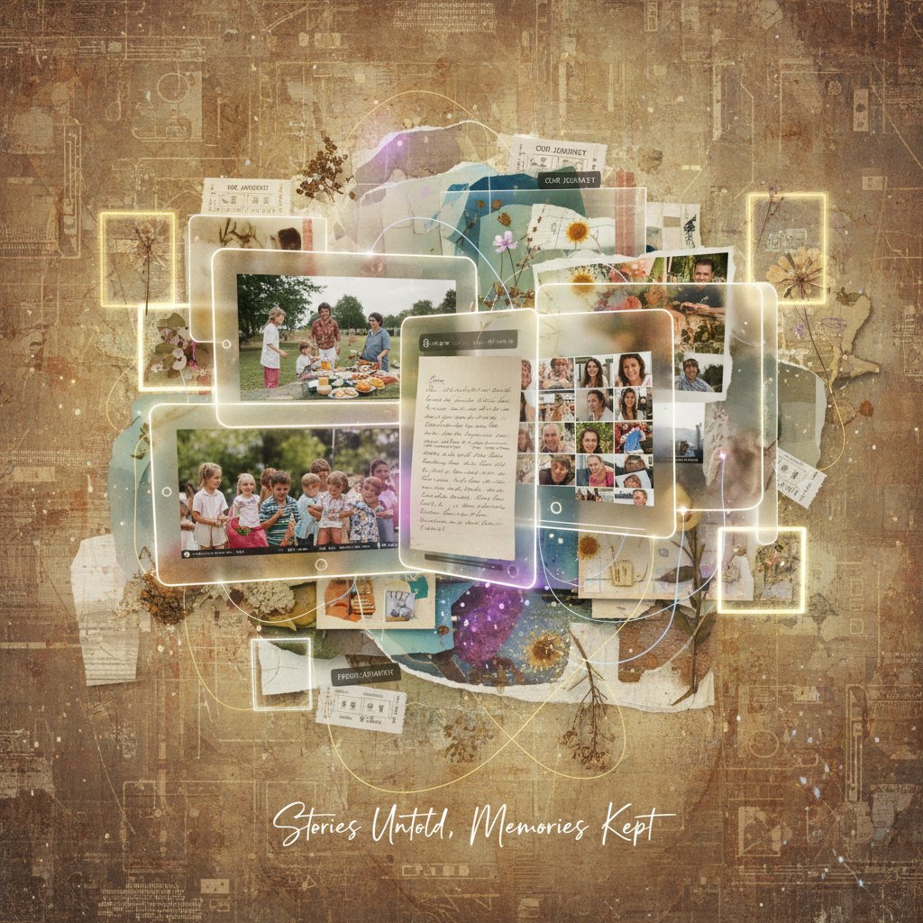 Collage of diverse real digital memorials, screenshots representing authentic online remembrance and storytelling techniques