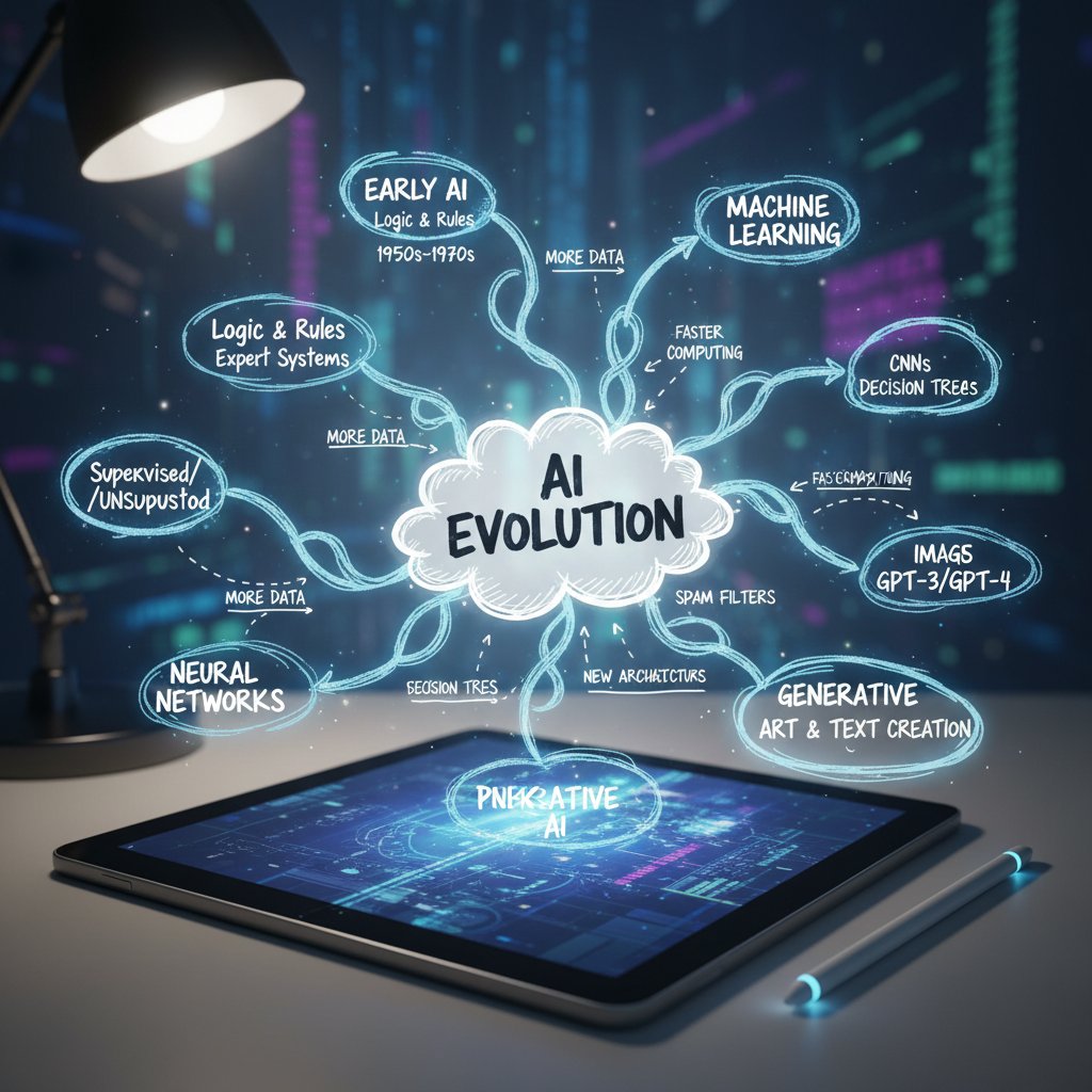 Abstract depiction of a digital mind-map evolving from handwritten notes, blending analog and AI