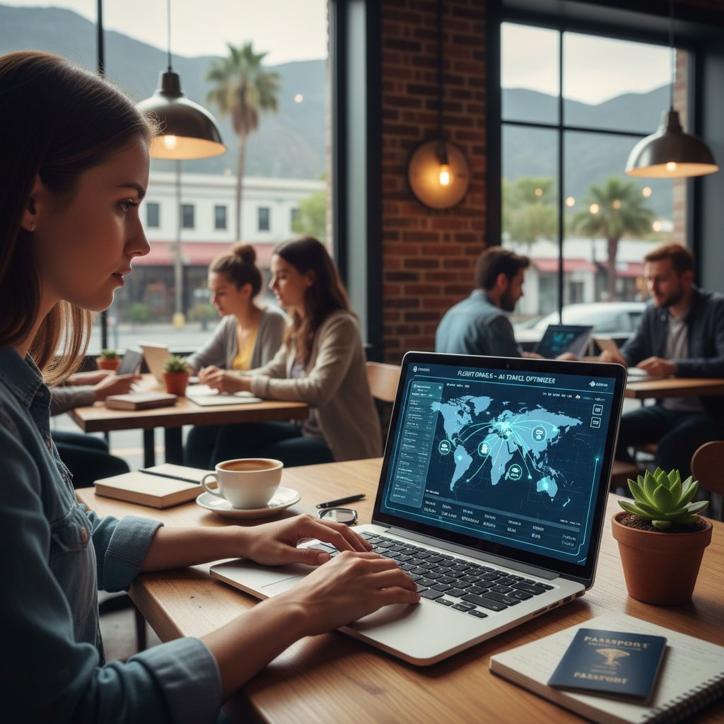 A digital nomad working at a lively café, laptop open to a colorful, futuristic flight planner interface against an urban backdrop
