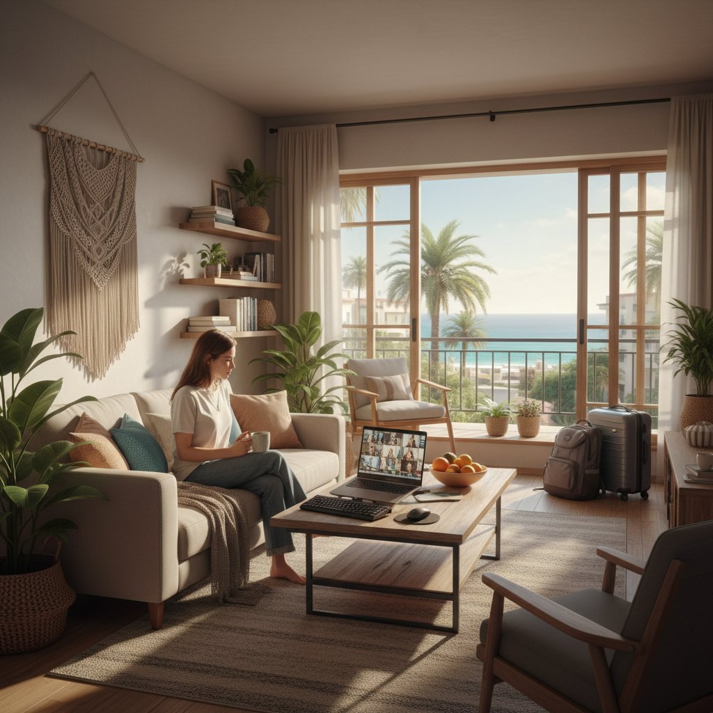 Digital nomad booking long-term accommodation, cozy apartment, remote work travel planning accommodations