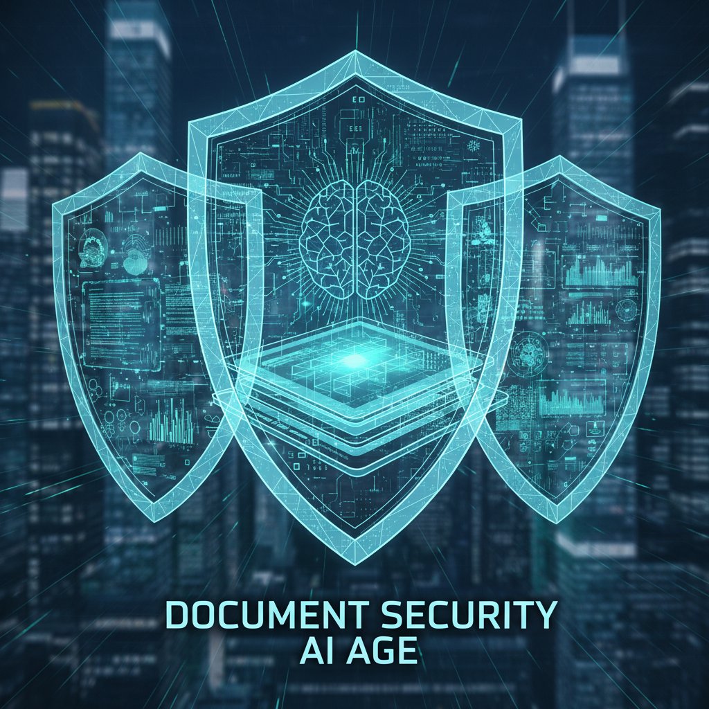 Layered digital shields protecting a sensitive document, editorial, 16:9