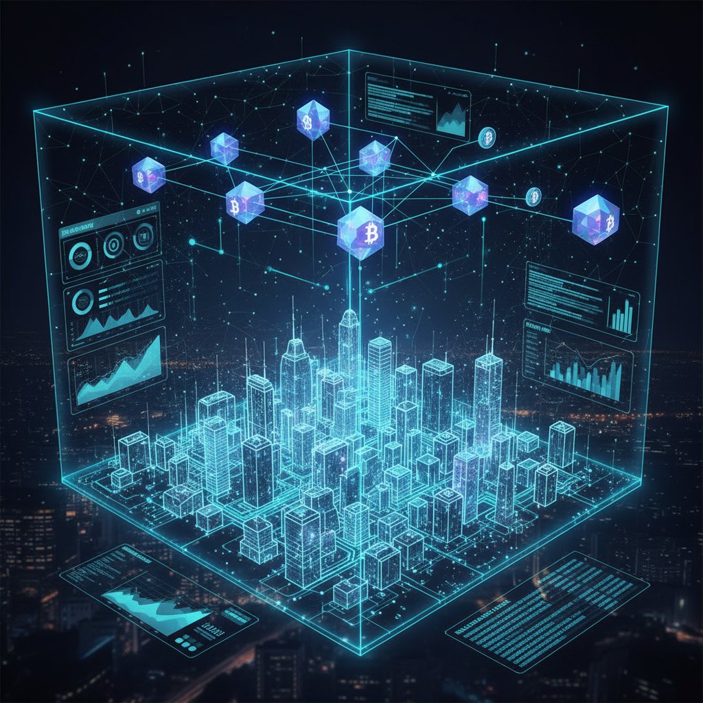 Digital twin avatars and blockchain nodes in a digital landscape, illustrating future trends in document digitization.