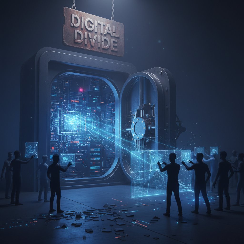 Digital vaults, one open and one locked, representing data access inequality; moody, symbolic image