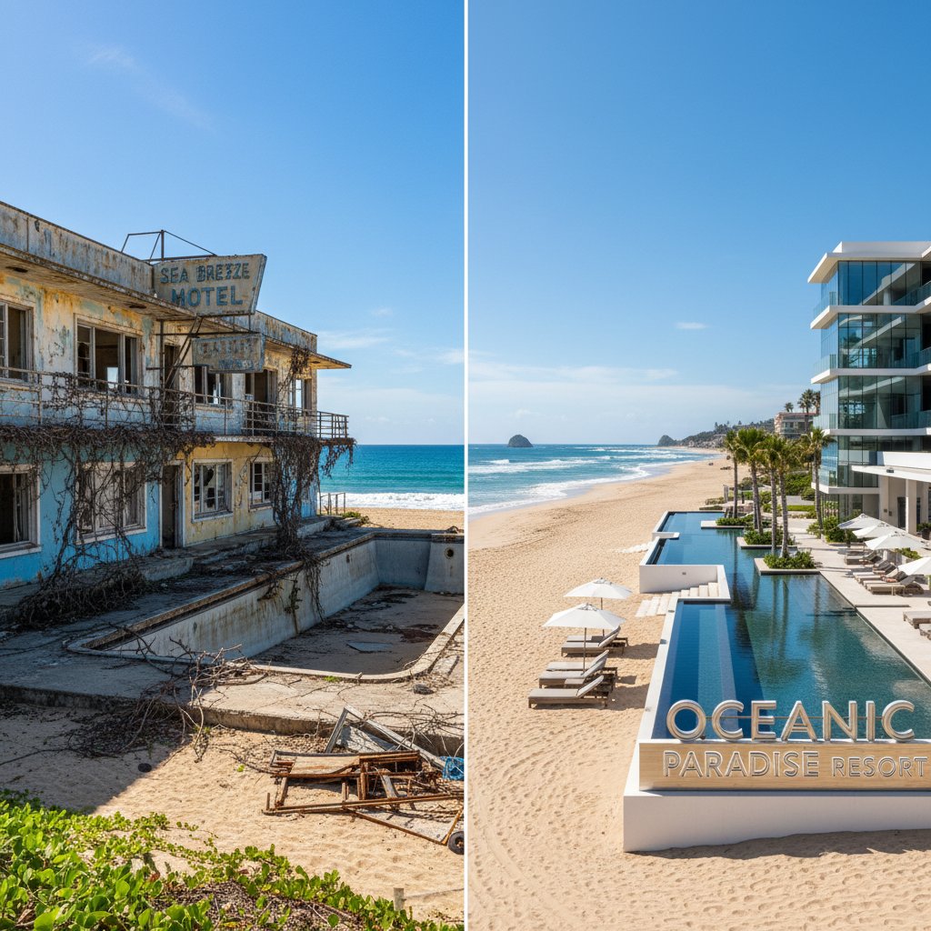 Contrasting hotels near the same beach: budget vs. luxury, dilapidated motel beside flashy resort