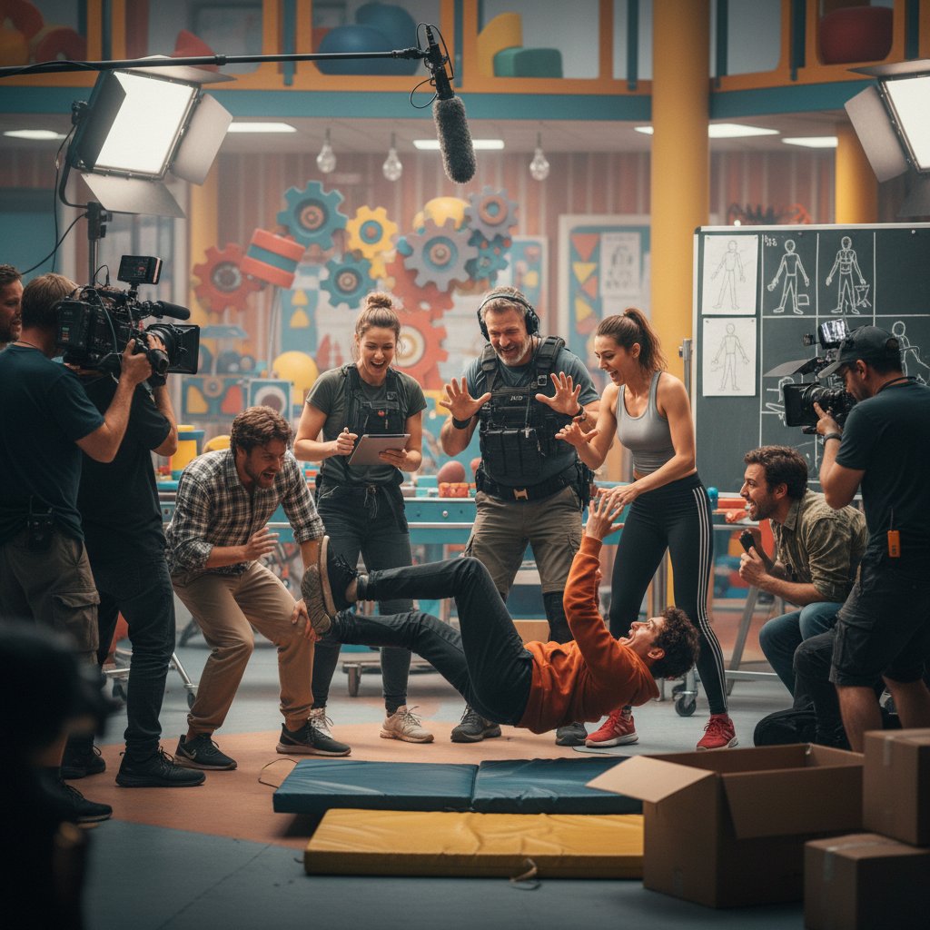 Directors and stunt coordinators choreographing a physical comedy scene.
