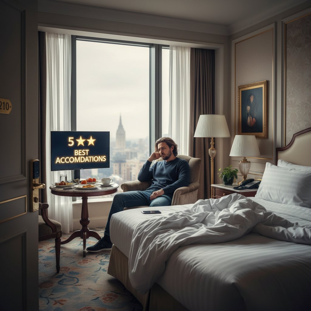 Disappointed guest in supposed luxury five-star hotel room, best rated accommodations gone wrong