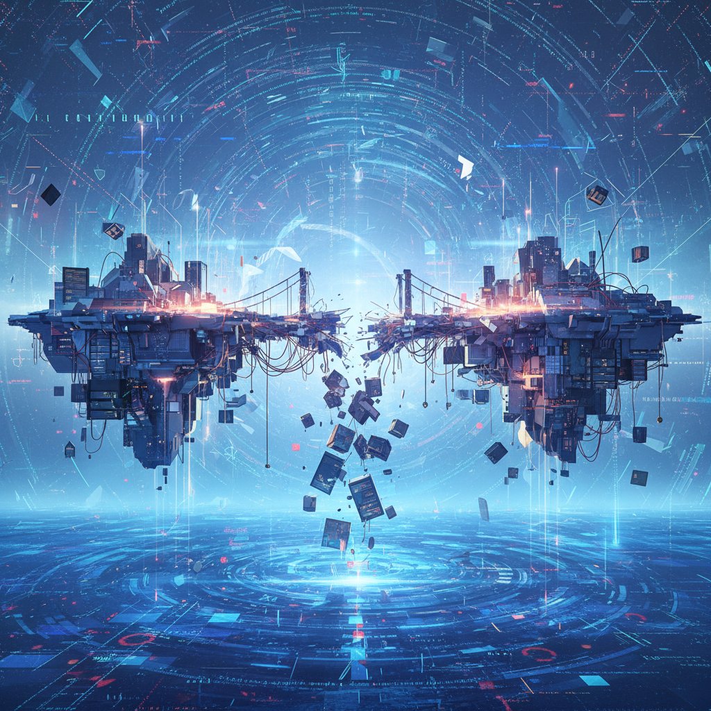 Disconnected data islands with failed bridge, conceptually illustrating data silos in chatbot analytics