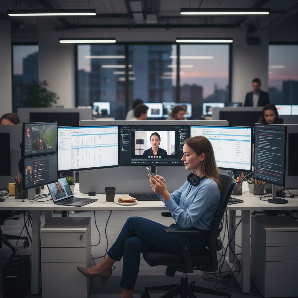 Pracownik biurowy rozproszony przez telefon, komputer, telewizor w jednym pomieszczeniu